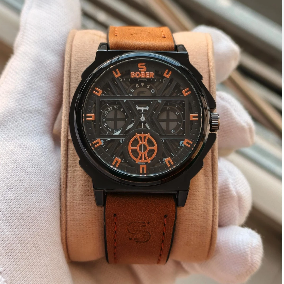 Sober Watch Model 890 Premium Watch Belt Brown  Dial Black Colour Watch For Man + এক পিস ব্যাটারি ফ্রি।