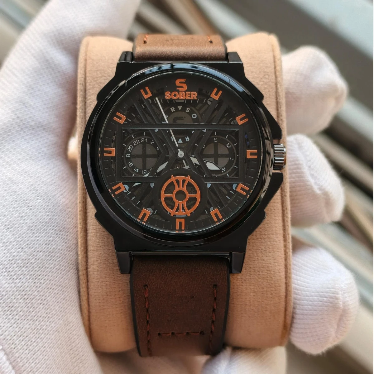 Sober Watch Model 890 Premium Watch Belt Coffee Dial Black Colour Watch For Man  + এক পিস ব্যাটারি ফ্রি।