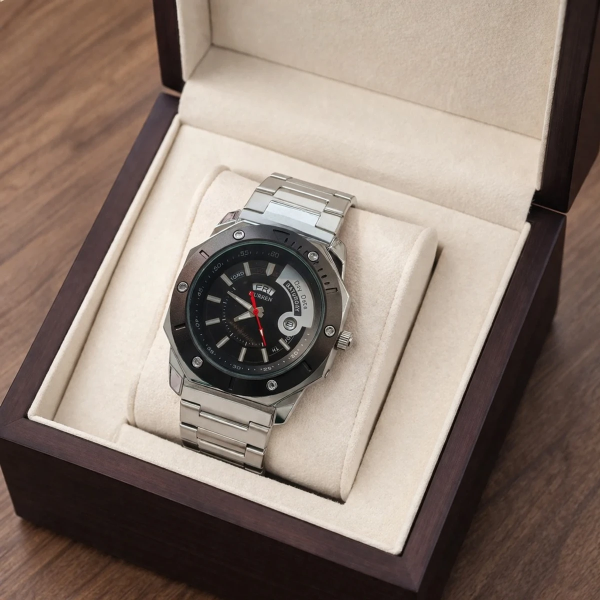 CURREN WATCH MODEL 8344 SILVER CHAIN DIAL BLACK FOR MAN + এক পিস ব্যাটারি ফ্রি