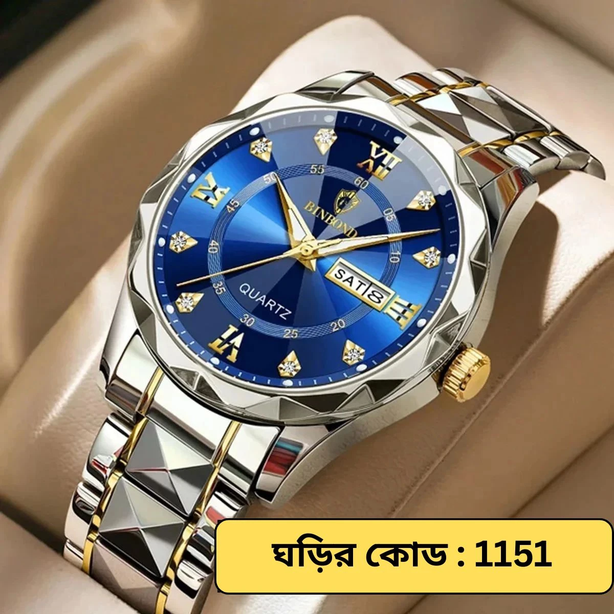 BINBOND NEW DIAMOND CUT DESIGN TOTON AR DIAL BLUE COOLER WATCH FOR MAN