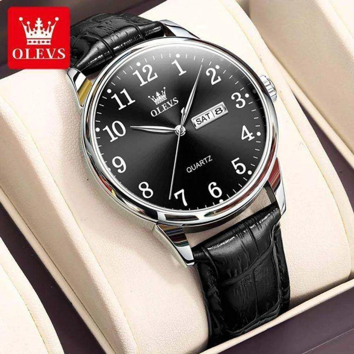 OLEVS WATCH MODEL 5535 FASHION WATCH FOR MEN BELT BLACK DIAL BLACK COLOUR WATCH - MAN WATCH -DATE OR BAR SHOHO