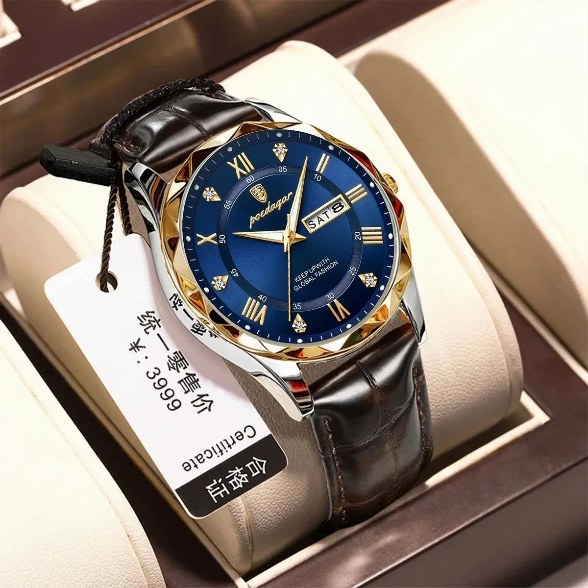 POEDAGAR 615 WATCH BELT BROWN ROUND GOLDEN DIAL BLUE COLOUR WATCH