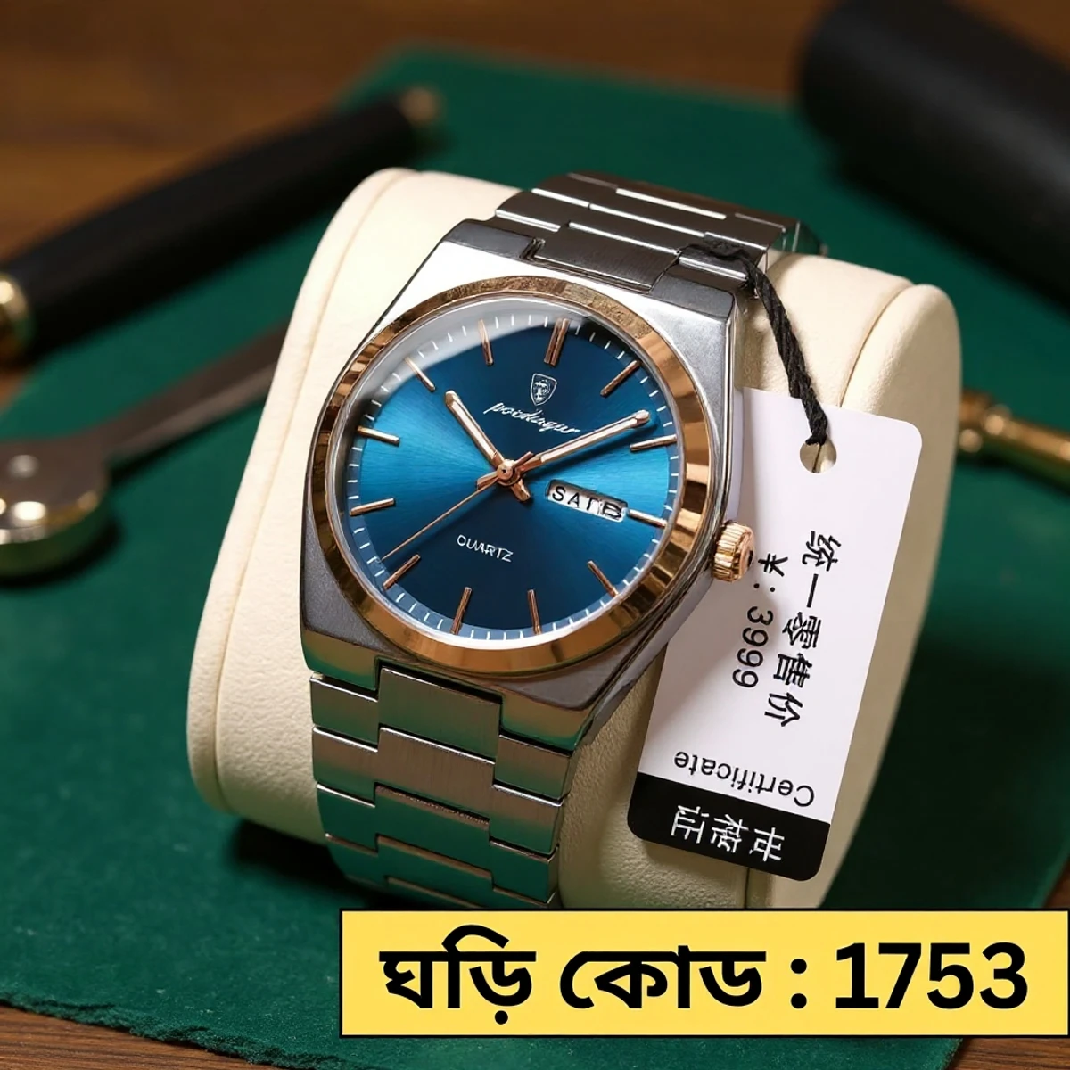 Poedagar Model 930 Stainless Steel Quartz Wristwatch for Men - Silver Chain  Round Golden Dial Blue