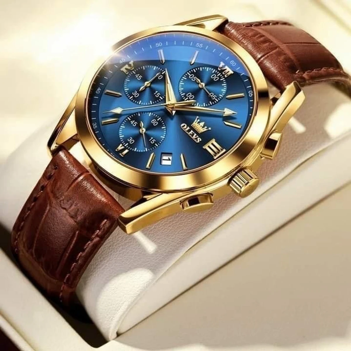 OLEVS WATCH MODEL 2872 BELT BROWN DIAL BLUE COLOUR WATCH FOR MEN