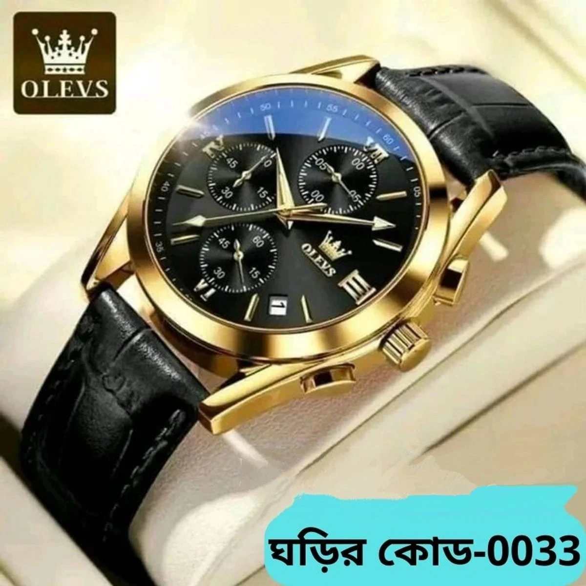 OLEVS WATCH MODEL 2872 BELT BLACK ROUND GOLDEN DIAL BLACK COLOUR WATCH