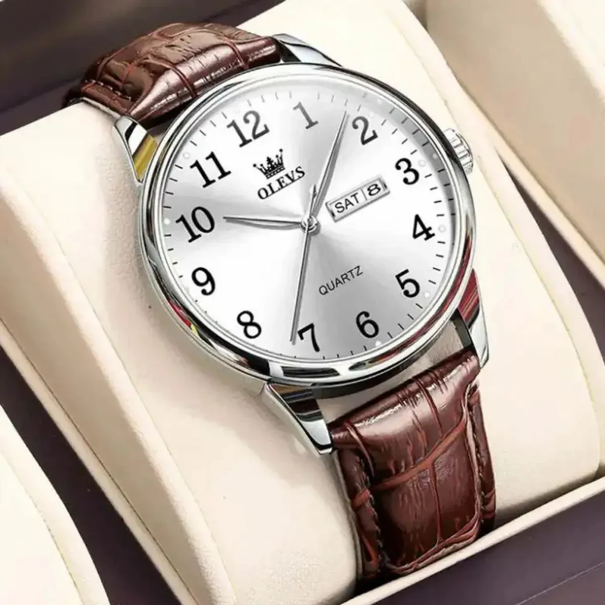 OLEVS WATCH MODEL 5535 FASHION WATCH  CODE 830 FOR MEN BELT BROWN DIAL WHITE COLOR WATCH SUDU DATE WATCH- MAN  WATCH