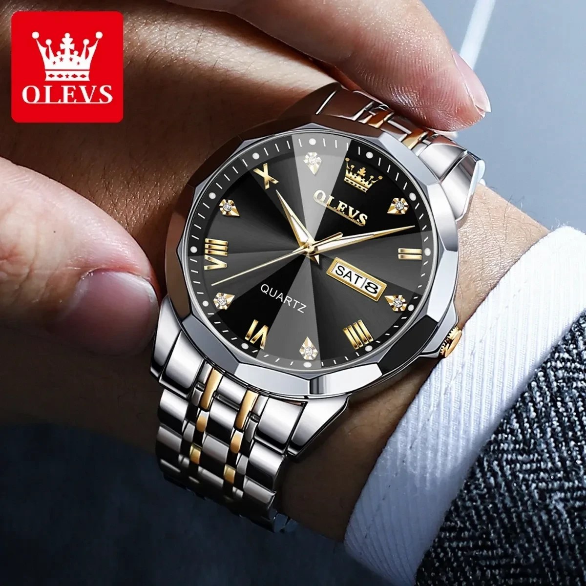 OLEVS MODEL 9931 Watch for Men TOTON AR DIAL BLACK- MAN WATCH -  LOCK PUSH