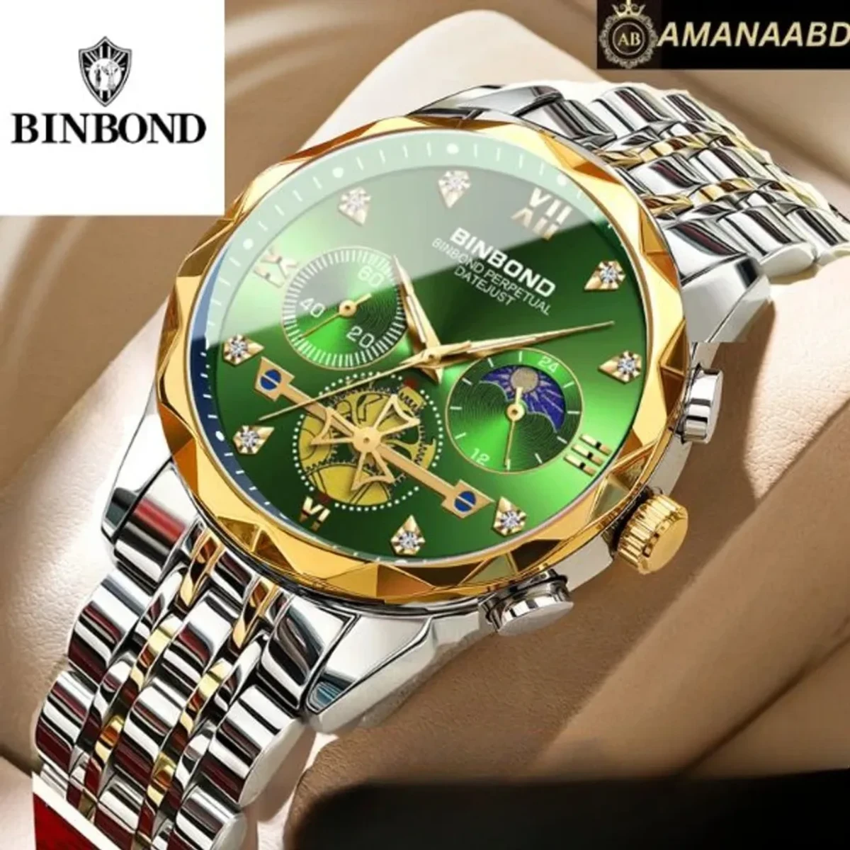 BINBOND Chronograph TOTON AR DIAL GREEN COLOUR WATCH FOR MAN LOCK PUSH  + এক পিস ব্যাটারি ফ্রি।