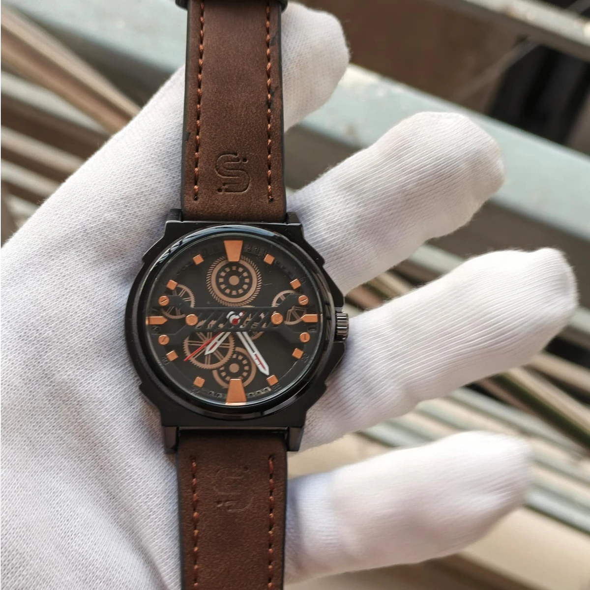 Sober Watch Model 980 Premium Watch Belt Coffee Dial Black Colour Watch For Man + এক পিস ব্যাটারি ফ্রি।