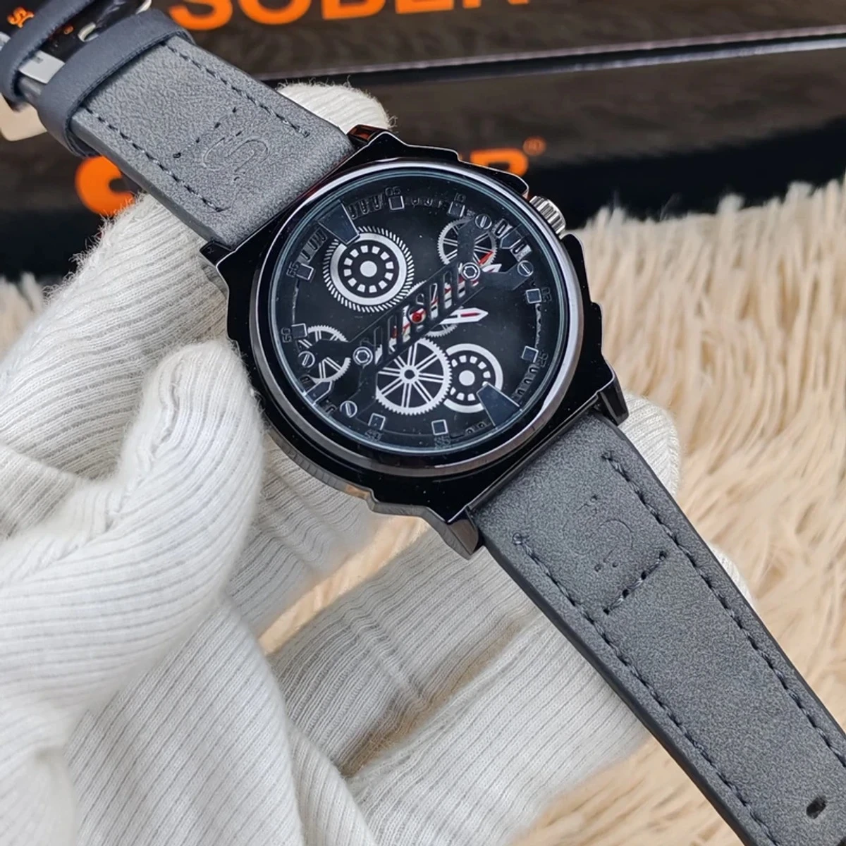 Sober Watch Model 980 Premium Watch Belt Ash Dial Black Colour Watch For Man + এক পিস ব্যাটারি ফ্রি।
