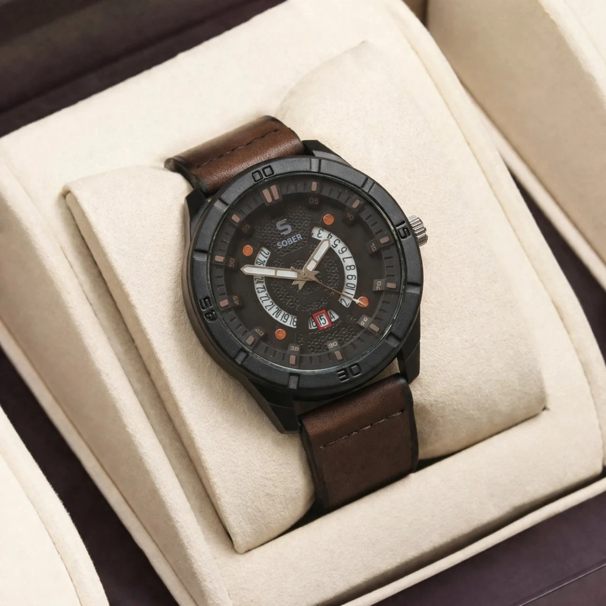 Sober Watch Model 995 Premium Watch Belt Coffee Dial Black Colour Watch For Man + এক পিস ব্যাটারি ফ্রি।