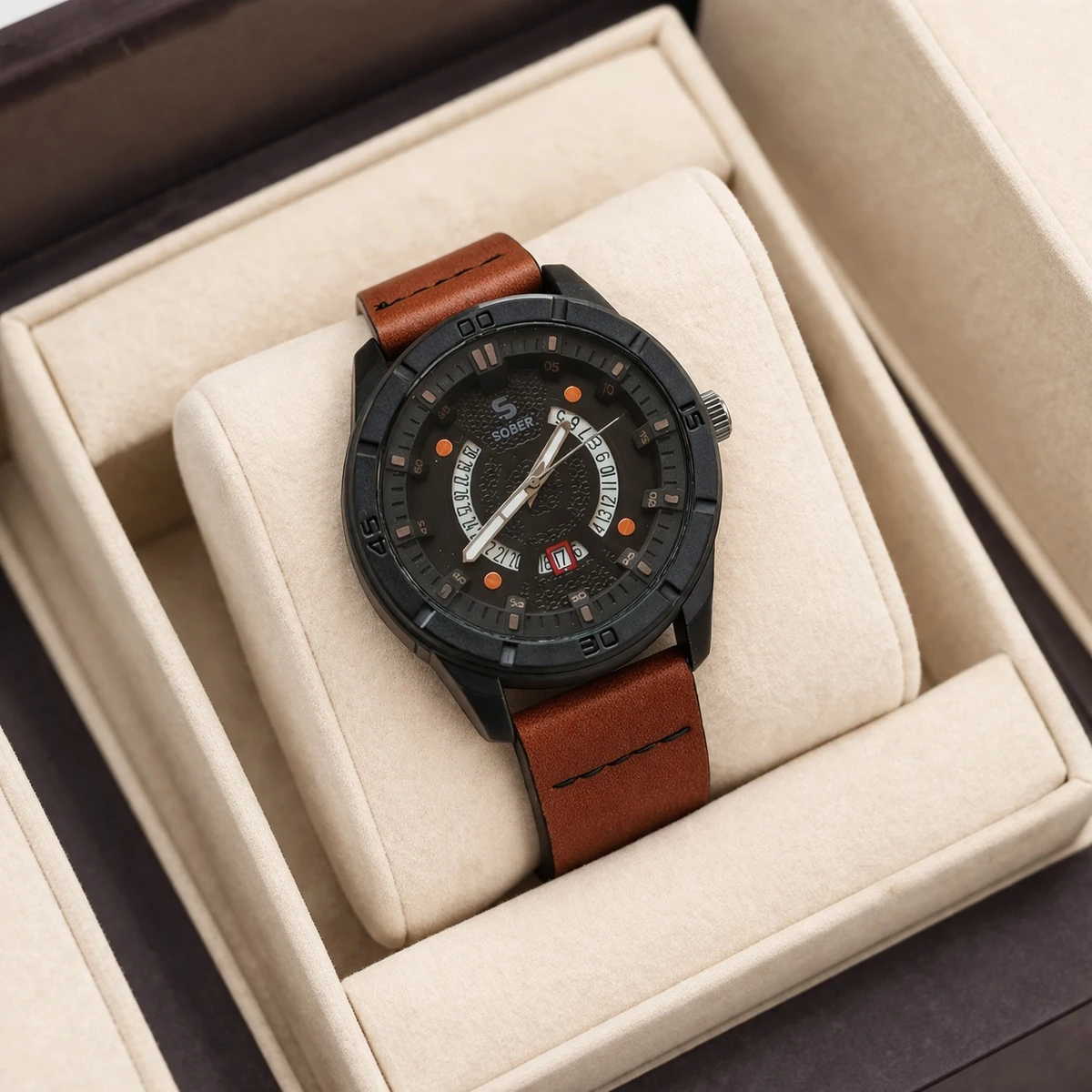 Sober Watch Model 995 Premium Watch Belt Brown Dial Black Colour Watch For Man + এক পিস ব্যাটারি ফ্রি।