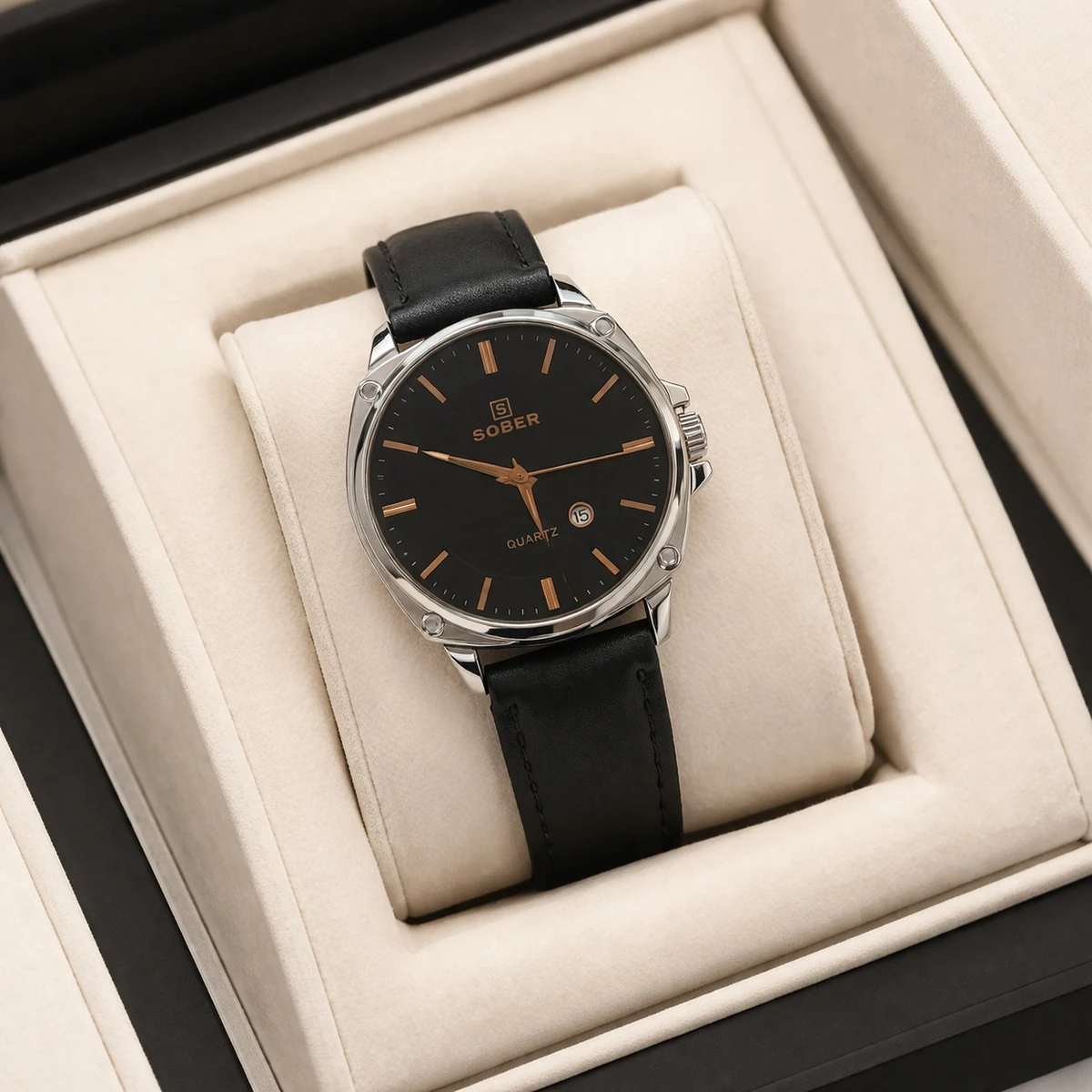 Sober Watch Model 985 Premium Watch Belt Black Round White  Dial Black Colour Watch For Man + এক পিস ব্যাটারি ফ্রি।