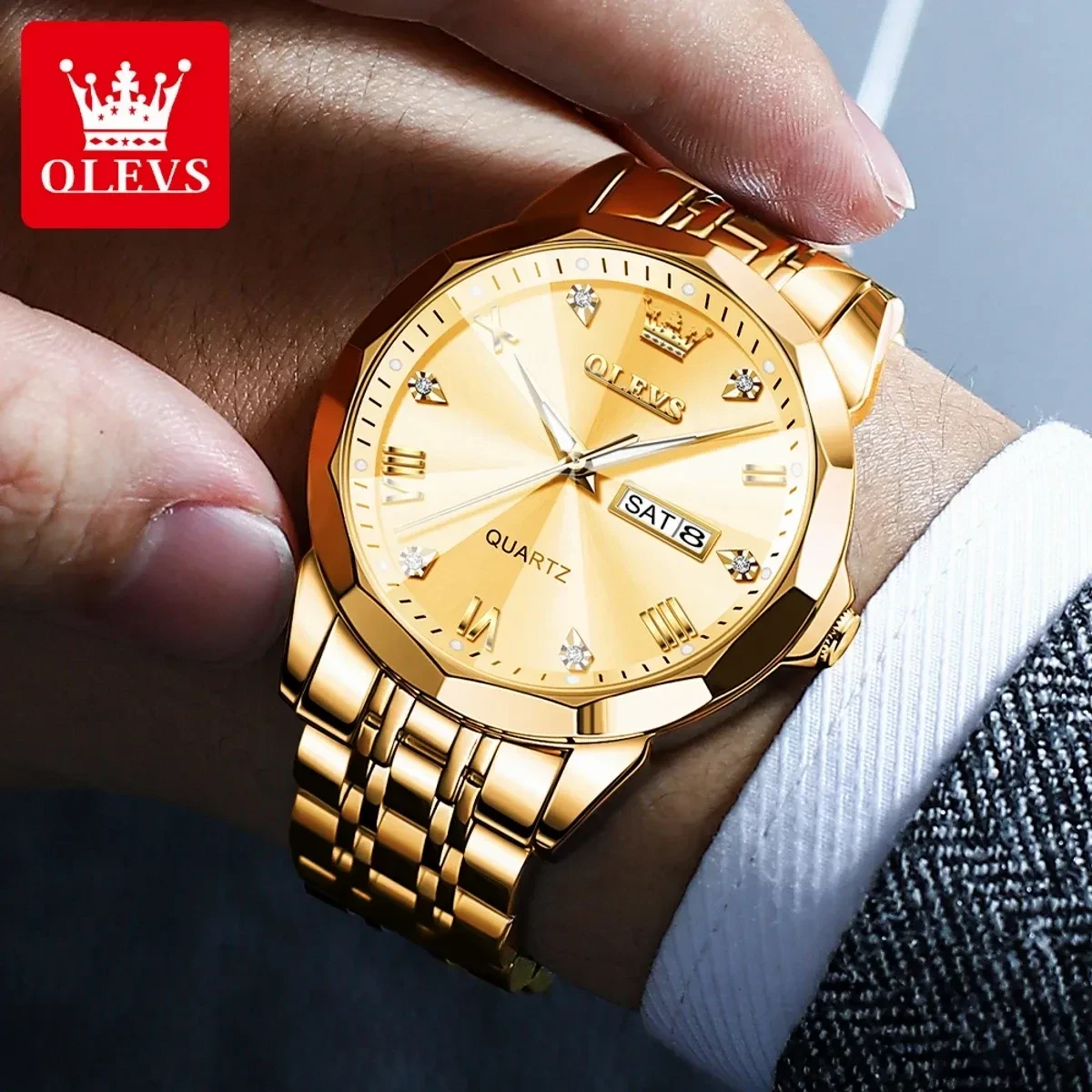 OLEVS  WATCH MODEL 9931 FULL GOLDEN- MAN WATCH - LOCK PUSH + এক পিস ব্যাটারি ফ্রি।