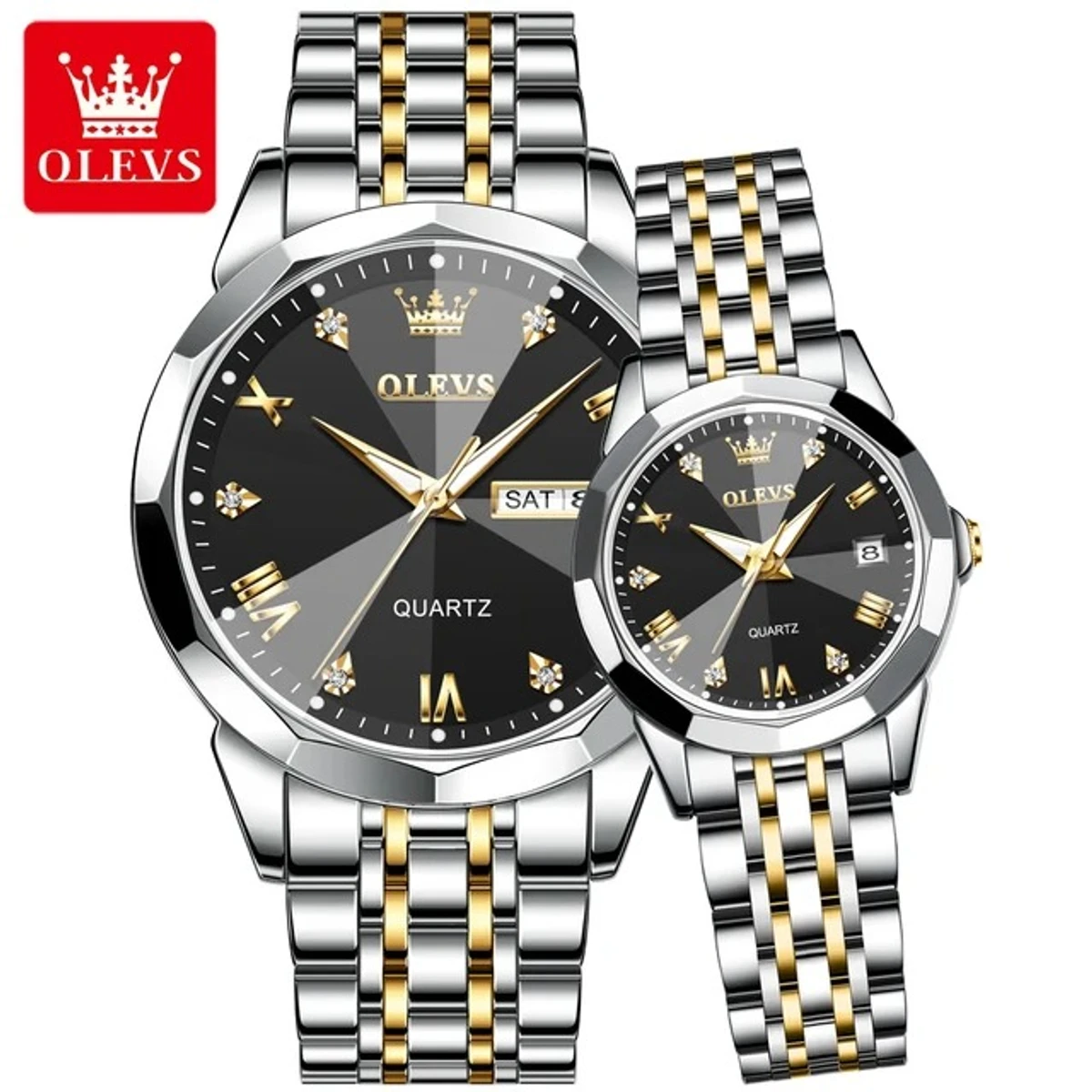 COMBO WATCH 2PS OLEVS MODEL 9931 TOTON DIAL BLACK MAN 1PS + WOMEN 1PS - 2 পিস ব্যাটারি ফ্রি।