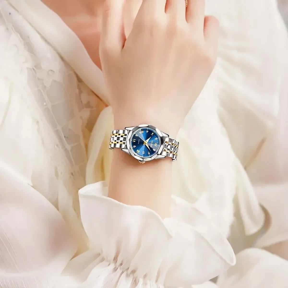 COMBO WATCH 2PS OLEVS MODEL 9931 TOTON DIAL BLUE MAN 1PS + WOMEN 1PS - 2  পিস ব্যাটারি ফ্রি।