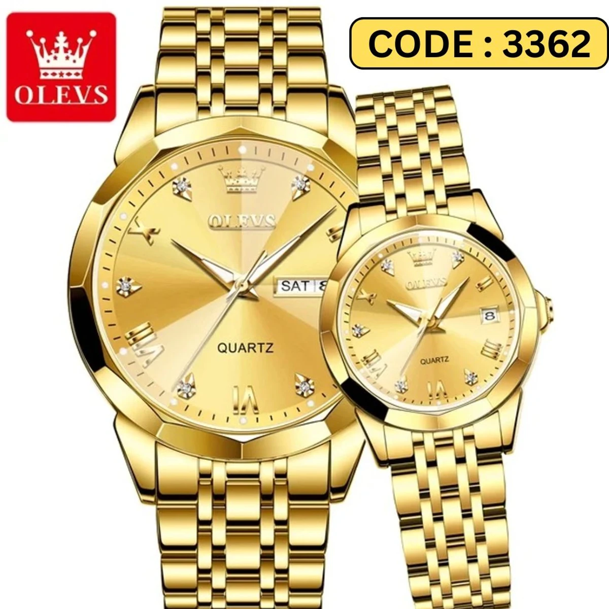 COMBO WATCH 2PS OLEVS MODEL 9931  FULL GOLDEN COLOUR  MAN 1PS WATCH  + WOMEN 1PS WATCH -   এক পিস ব্যাটারি ফ্রি।