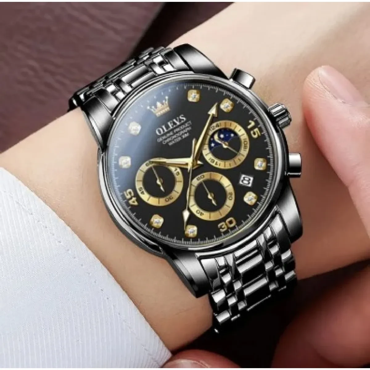 OLEVS MODEL 2889 Watch for Men Stainless Stches - 2889 FULL BLACK COLOUR WATCH MAN + এক পিস ব্যাটারি ফ্রি।eel Wat