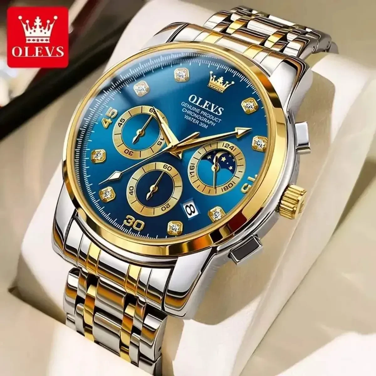 OLEVS MODEL 2889 Watch for Men Stainless Steel Watches - 2889 TOTON AR DIAL BLUE ROUND GOLDEN - MAN WATCH + এক পিস ব্যাটারি ফ্রি।