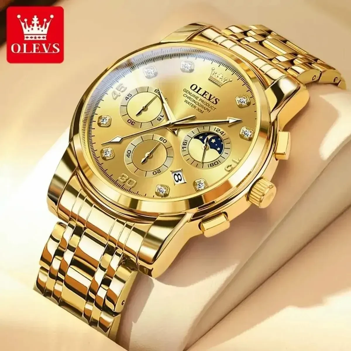 OLEVS WATCH  MODEL  2889 FULL GOLDEN COLOUR FOR MAN  + এক পিস ব্যাটারি ফ্রি।